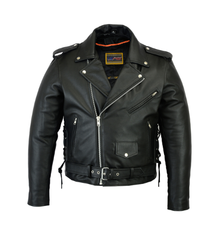 Men's Classic Police Style Leather Motorcycle Jacket With Side Laces