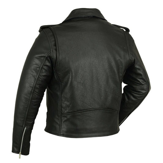 Men's Classic Police Style Leather Motorcycle Jacket With Plain Sides